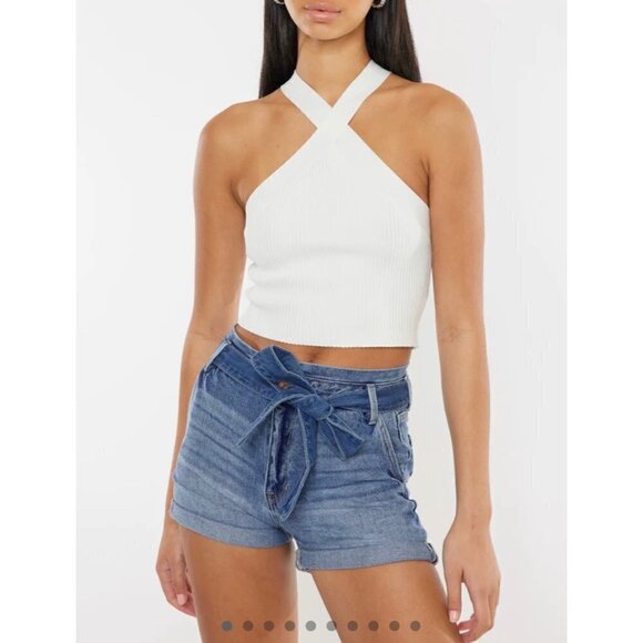 Kancan Tie Waist Cuffed Jean Shorts in Blue Casual Summer Rigid Plus Size 32 - Picture 11 of 11